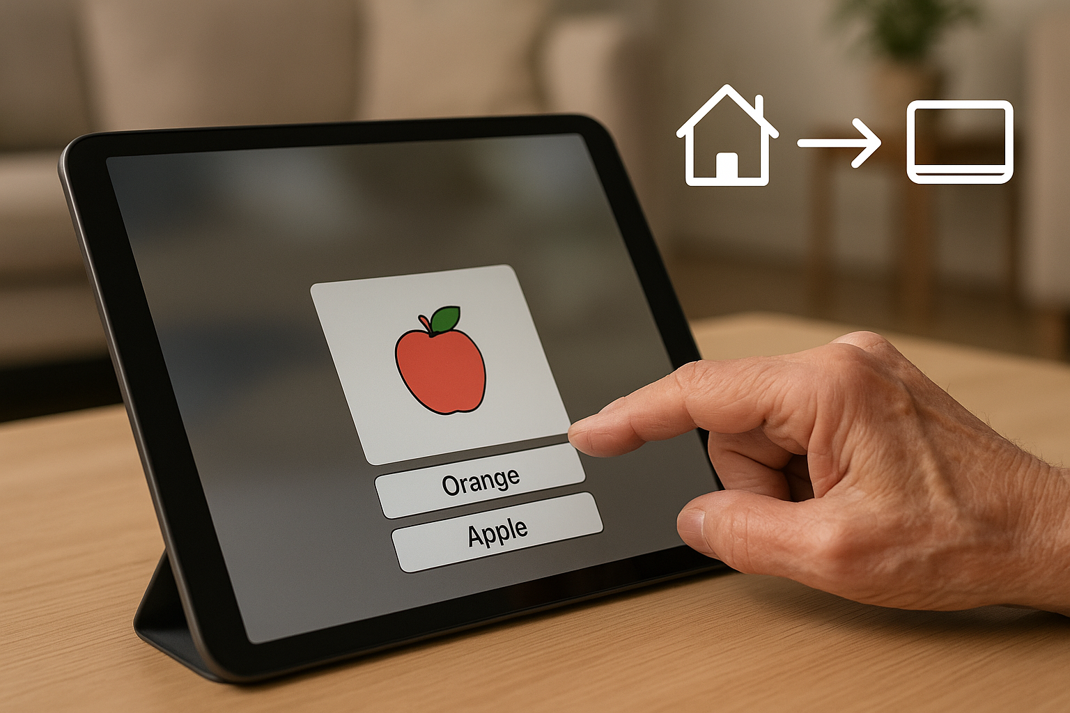 Persona che utilizza un tablet con immagini per un’attività linguistica