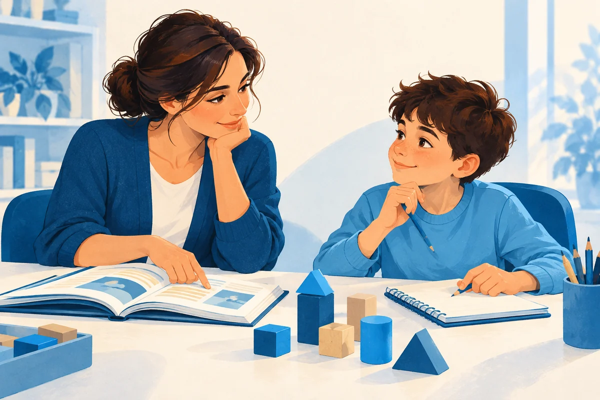 Docente e allievo osservano insieme materiali di lettura, scrittura e matematica.
