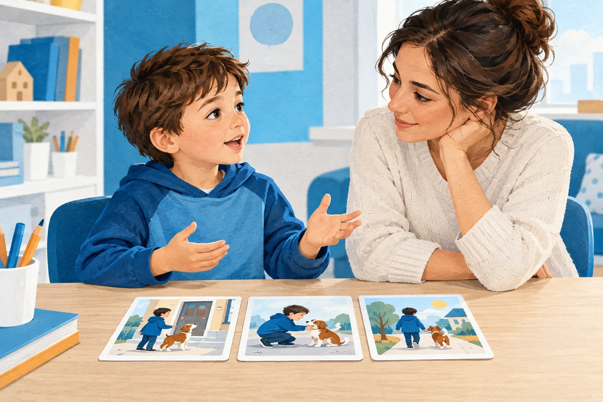Un bambino racconta una breve storia illustrata a un’adulta che lo ascolta.