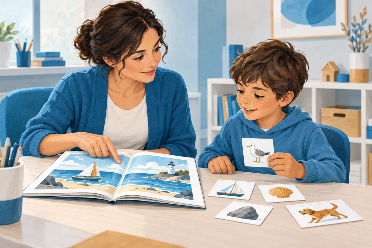 Un professionista osserva la lettura di un bambino con materiali diversi.