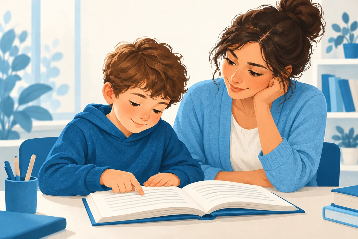 Un allievo segue il testo con il dito durante una lettura condivisa con la docente.