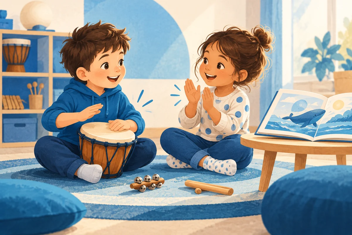 Due bambini esplorano il ritmo con un tamburo e il battito delle mani.