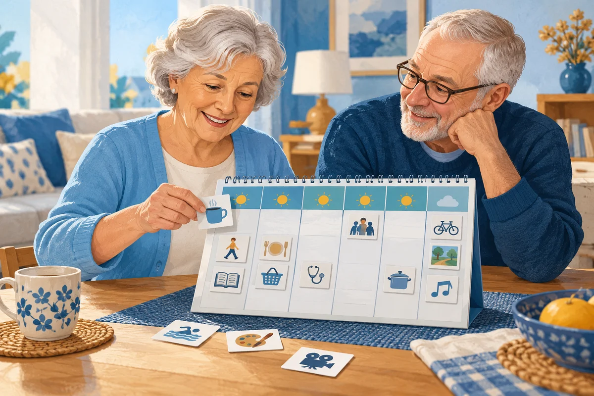 Una donna anziana consulta il calendario delle attività insieme al partner.