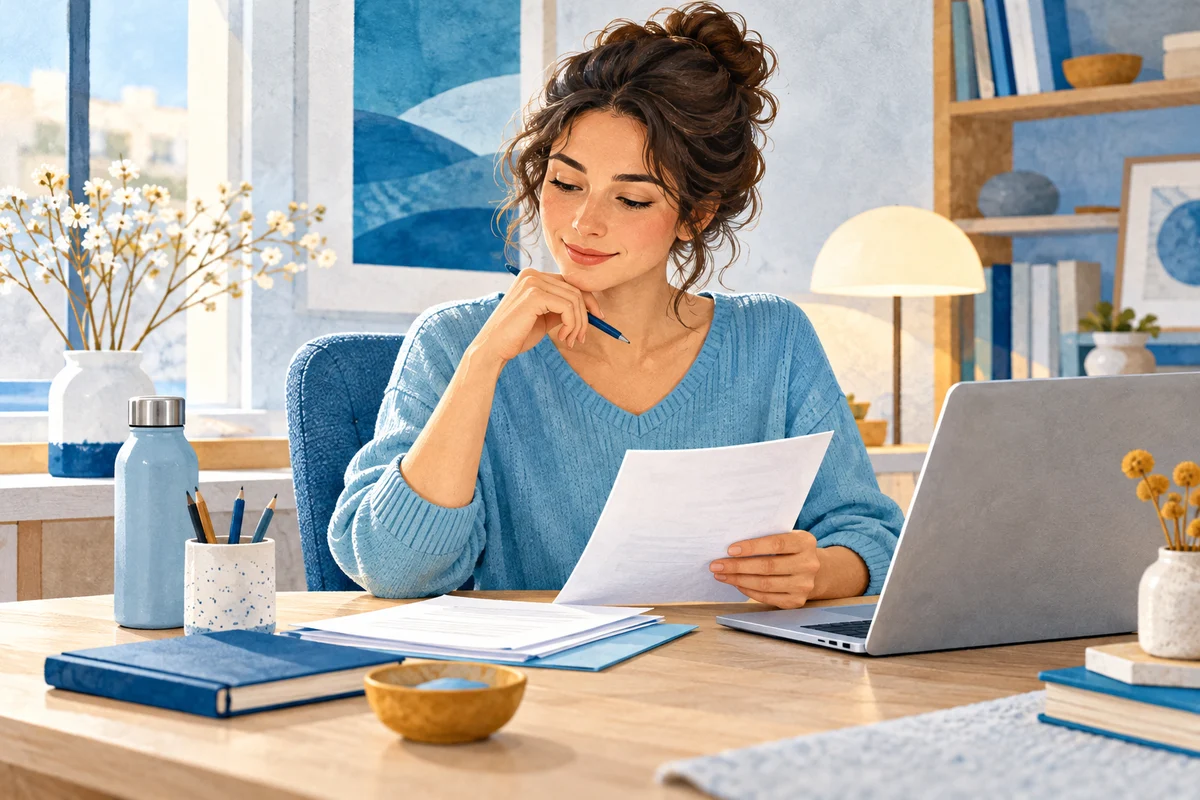 Una donna organizza il lavoro al tavolo alternando attività e pause.