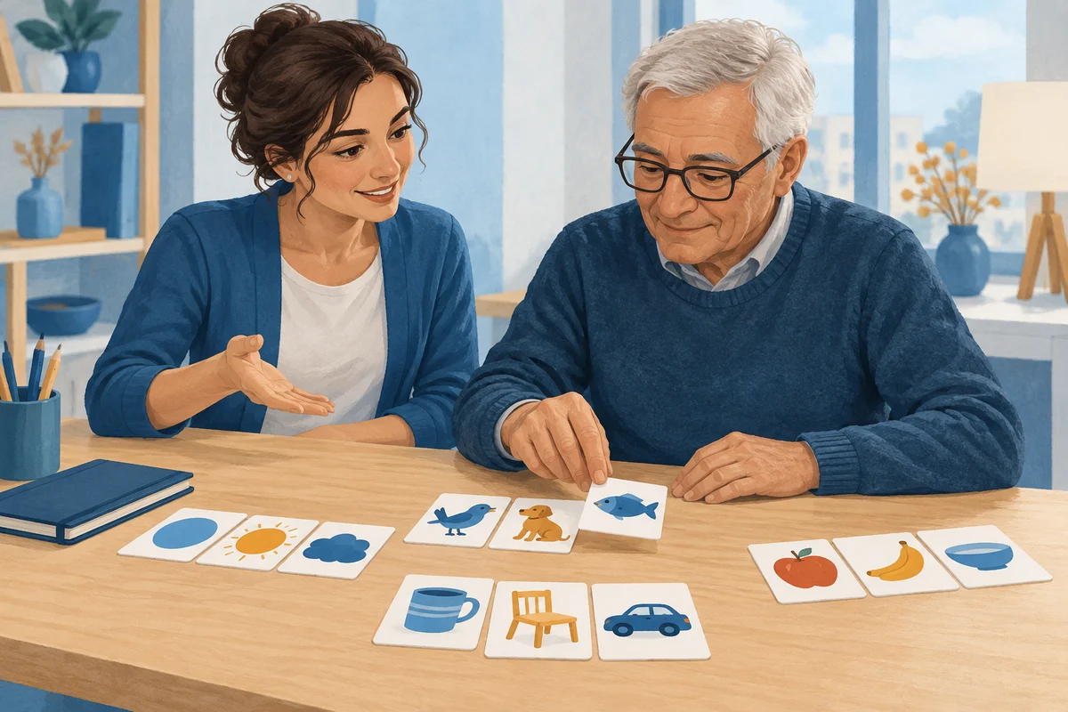 Un adulto lavora con materiali illustrati durante una valutazione della memoria.