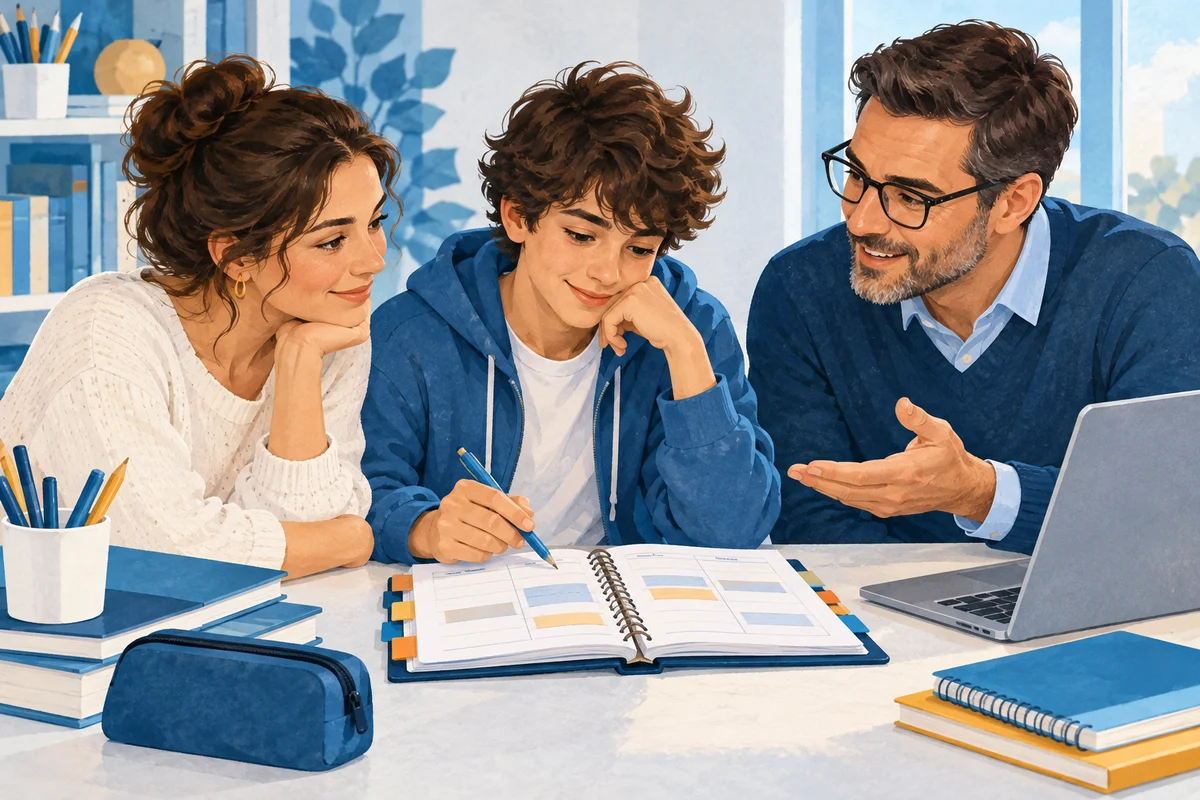 Studente, genitore e docente concordano un piano di lavoro scolastico.