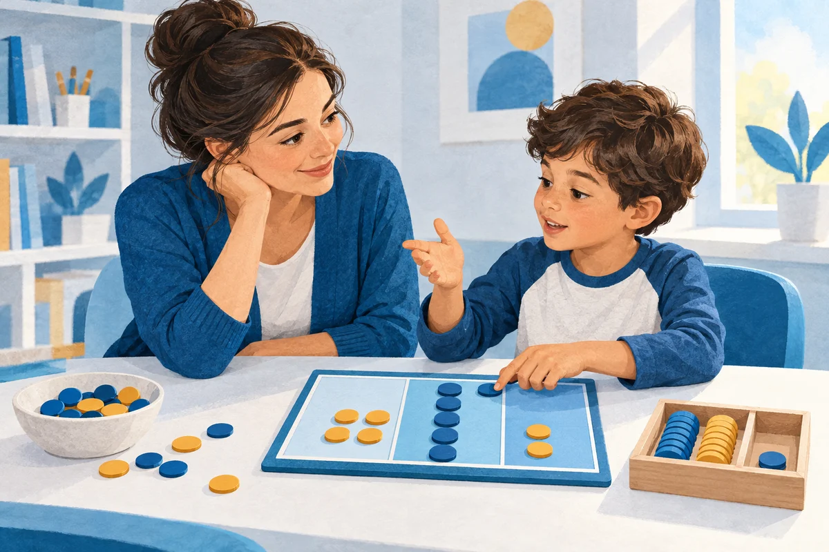 Un bambino spiega il proprio ragionamento matematico usando gettoni.