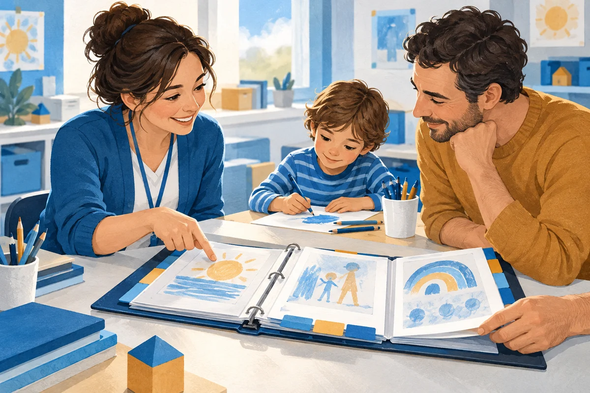 Famiglia e scuola confrontano esempi del lavoro dell’allievo raccolti nel tempo.