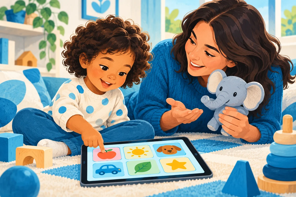 Un bambino usa un tablet mentre il genitore propone uno scambio con un animale giocattolo.
