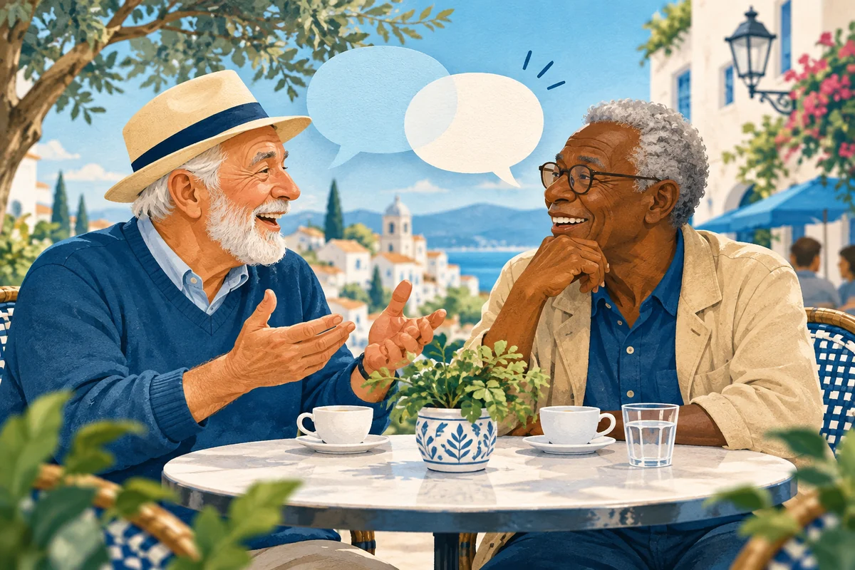 Due persone anziane conversano sedute a un tavolino.