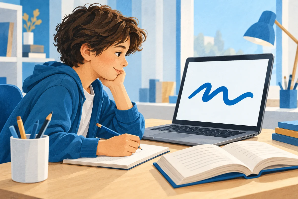 Una studentessa alterna un’attività di lettura al computer e un libro.