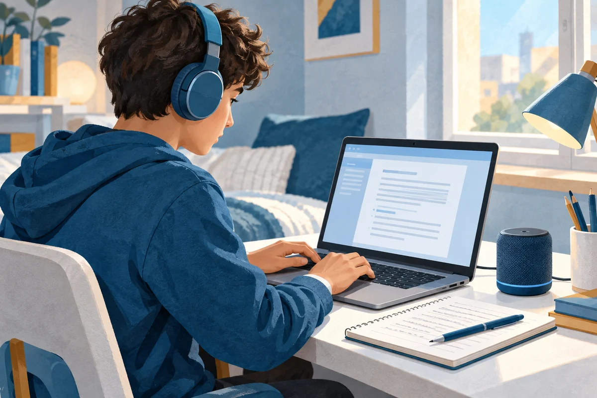 Un ragazzo riascolta con la sintesi vocale un testo scritto al computer.