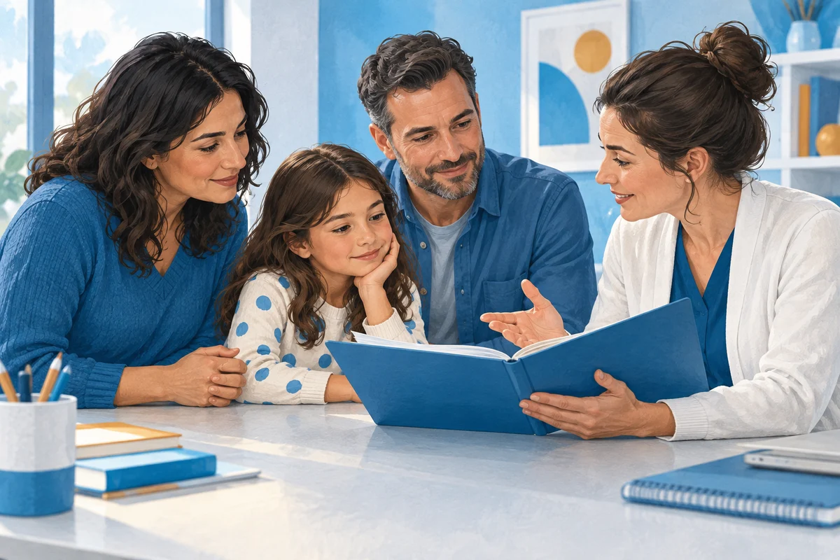 Una professionista spiega alla famiglia i risultati della valutazione della lettura.