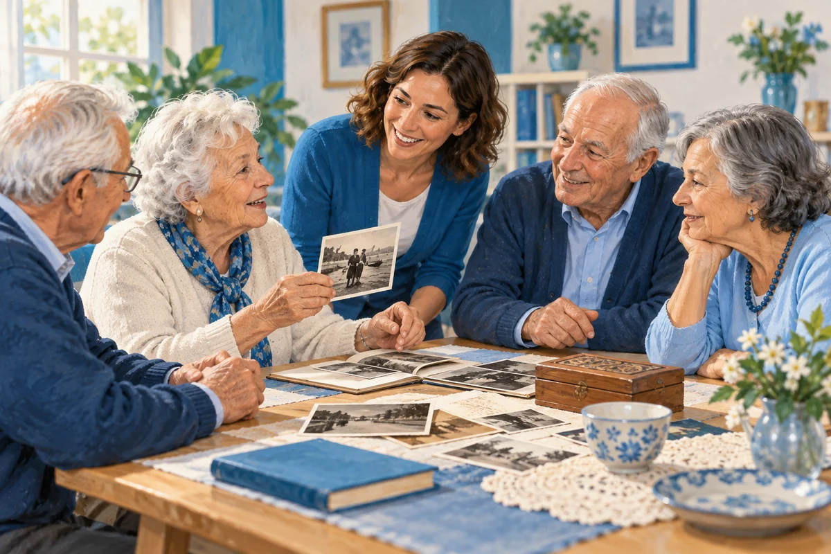Un piccolo gruppo di persone anziane conversa su fotografie e oggetti quotidiani.
