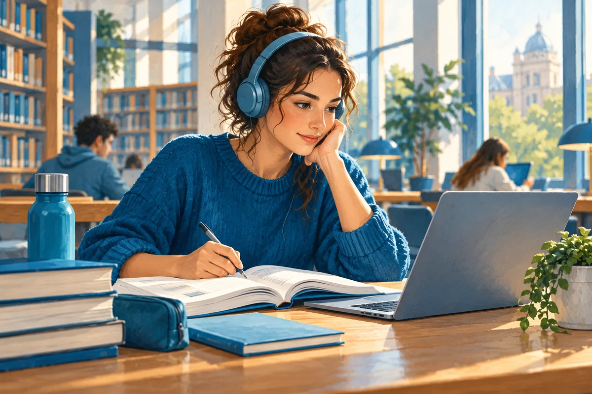 Una studentessa organizza lo studio universitario con libro, computer e cuffie.