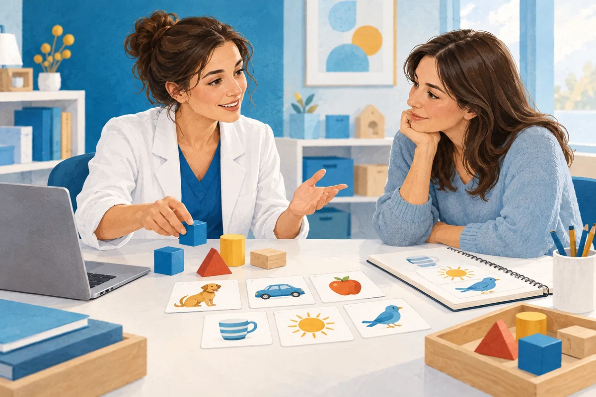 Una professionista illustra alla famiglia diverse componenti del profilo cognitivo.