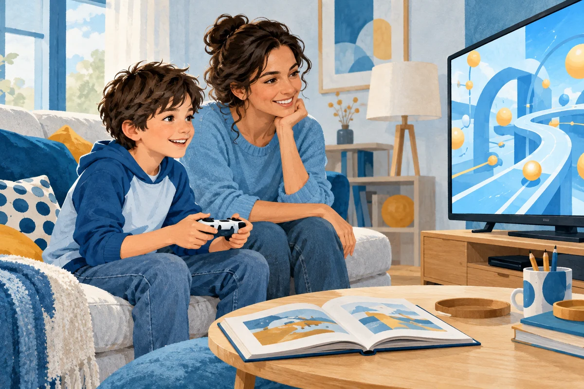 Un bambino partecipa a un videogioco non violento con un adulto accanto.