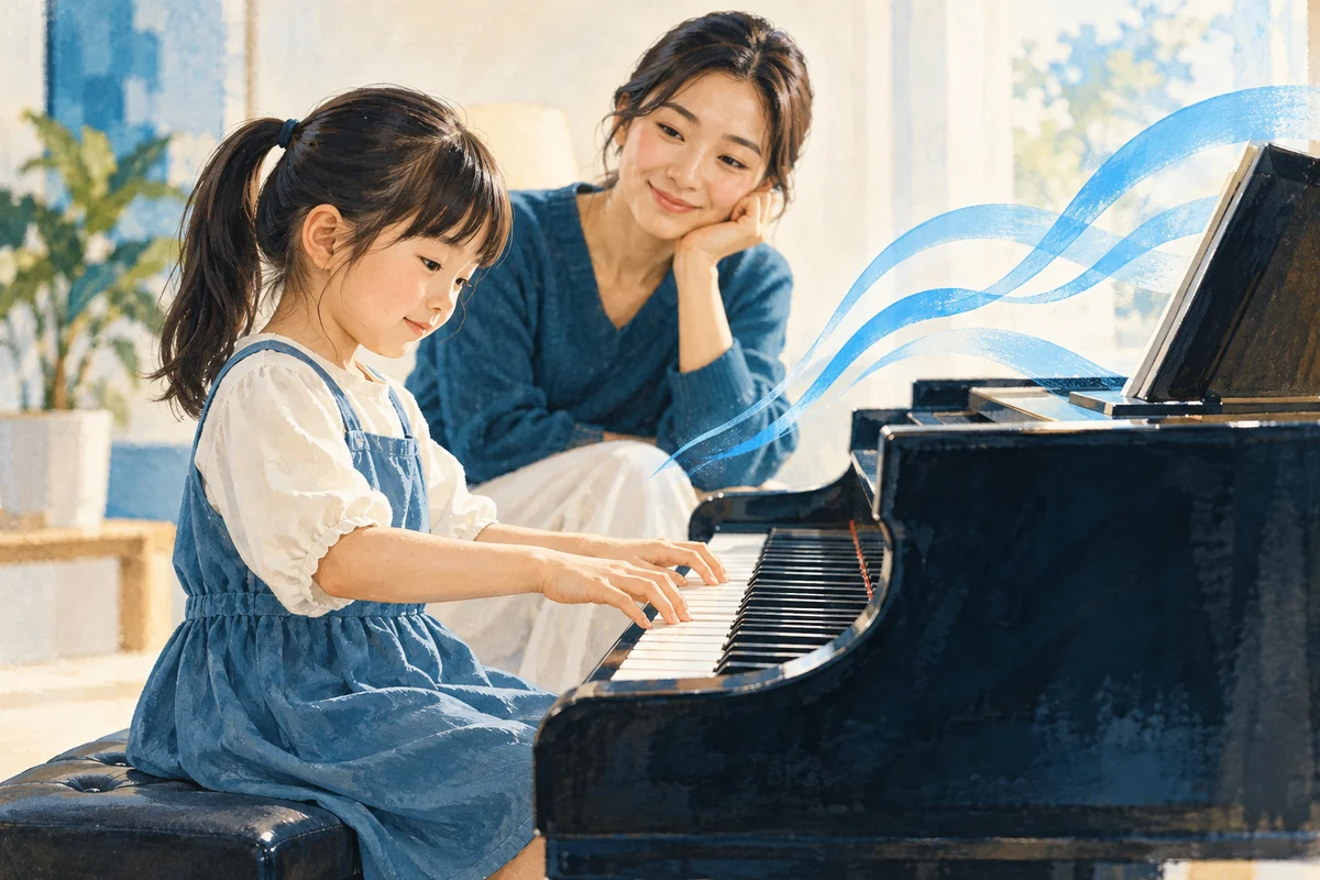 Un bambino suona il pianoforte con una docente accanto.
