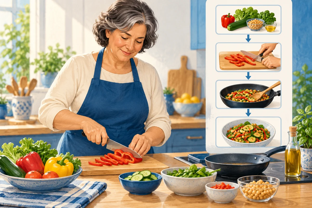 Una persona prepara un pasto con ingredienti ordinati e un promemoria visivo.