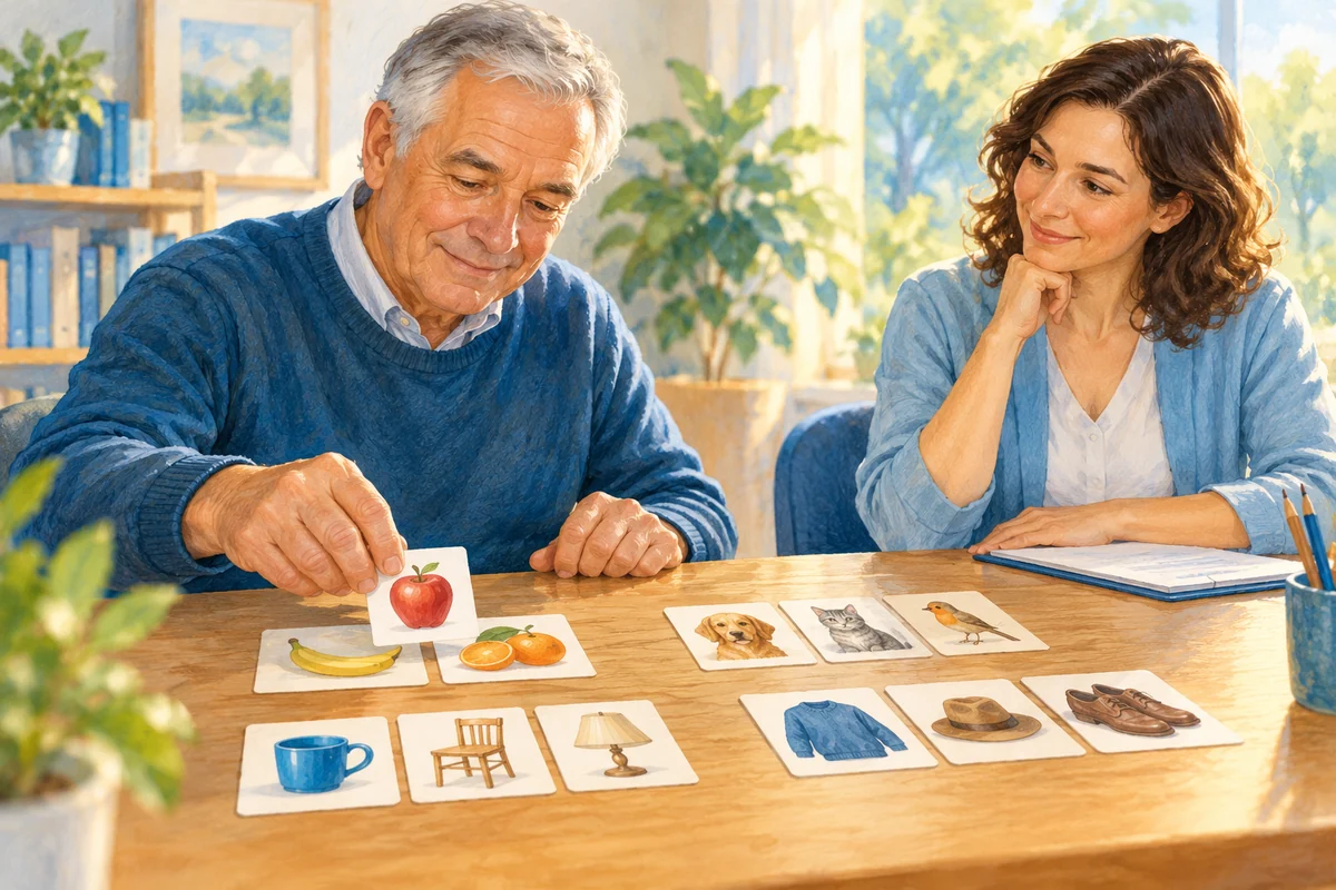 Una persona raggruppa immagini di oggetti durante un’attività di apprendimento.
