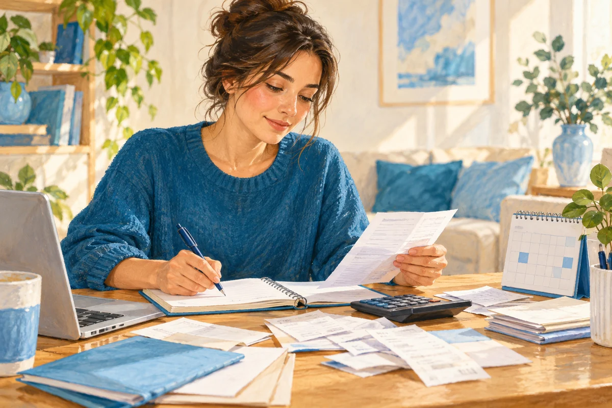 Un giovane adulto organizza scadenze e documenti economici sul tavolo.