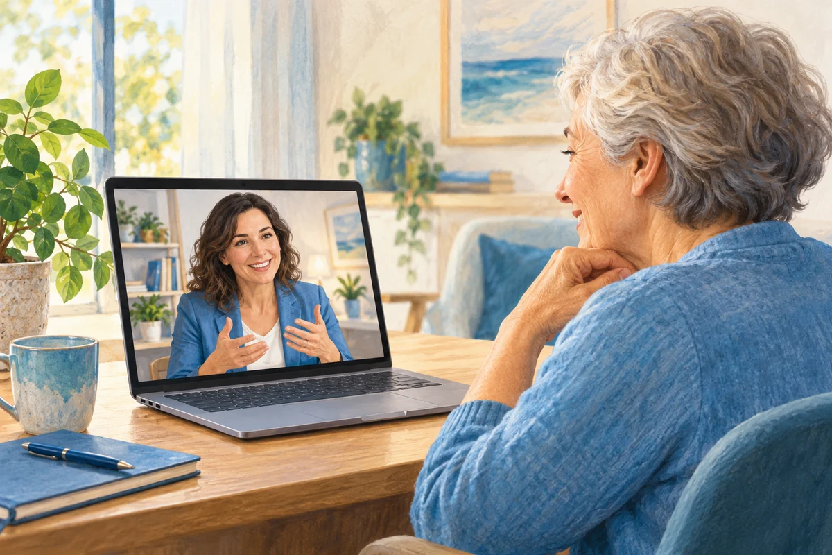 Una valutazione a distanza si svolge in uno spazio tranquillo con computer e videocamera.