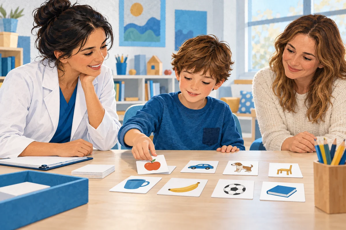 Un professionista osserva un bambino durante brevi attività cognitive.