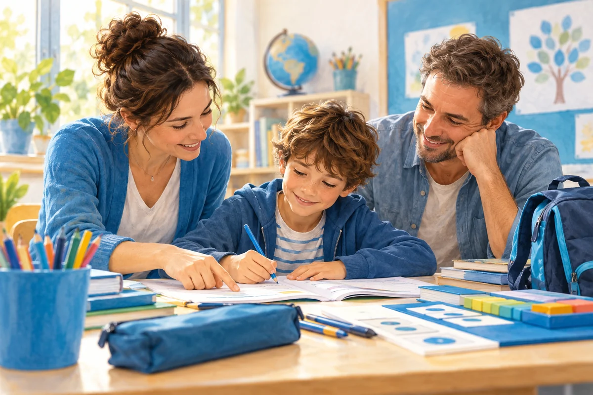 Un bambino, un genitore e una docente preparano il rientro nelle attività scolastiche.