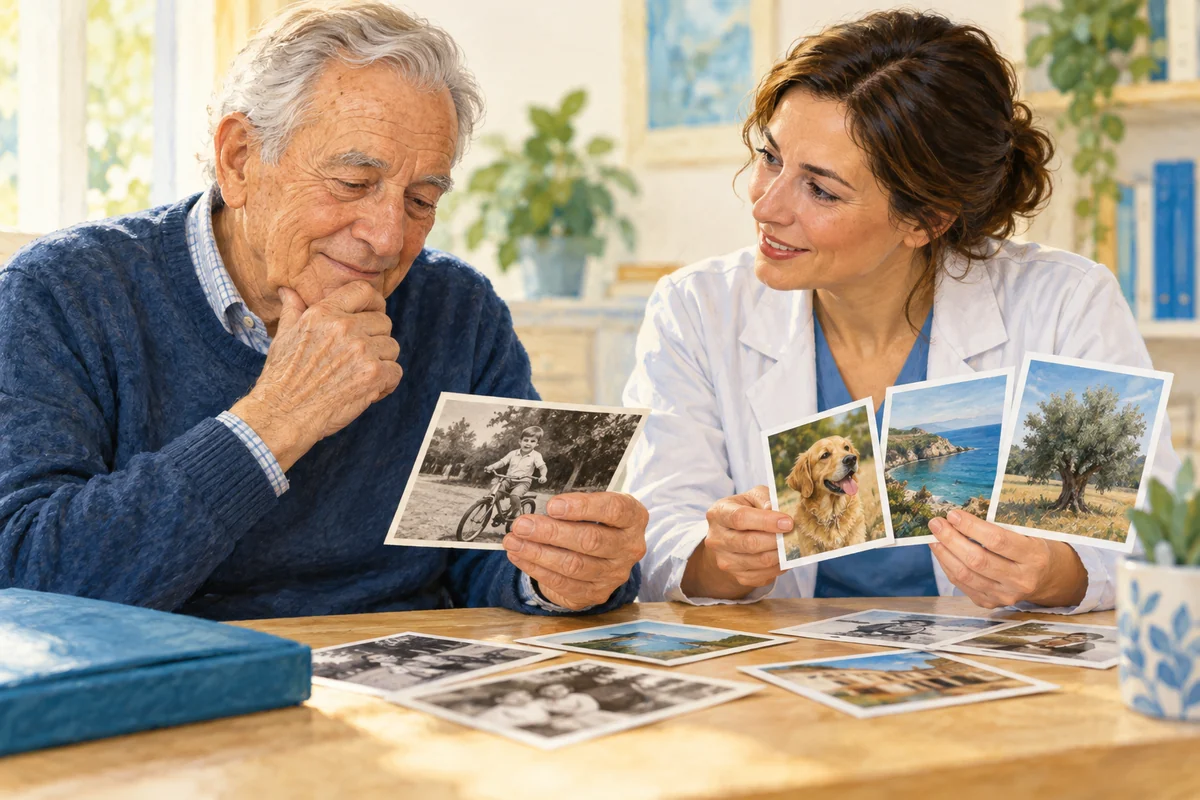 Una persona ricorda un’esperienza con fotografie e supporti comunicativi.