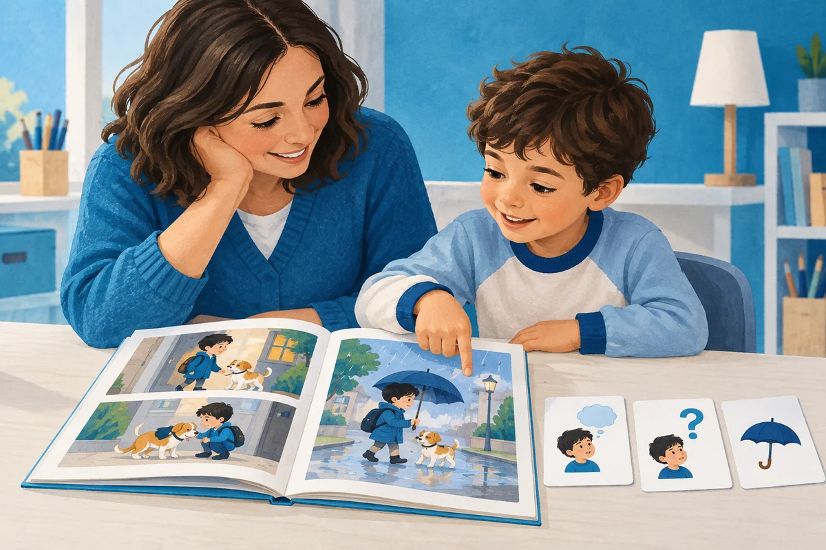Un adulto e un bambino esplorano un libro illustrato cercando indizi per rispondere a una domanda.
