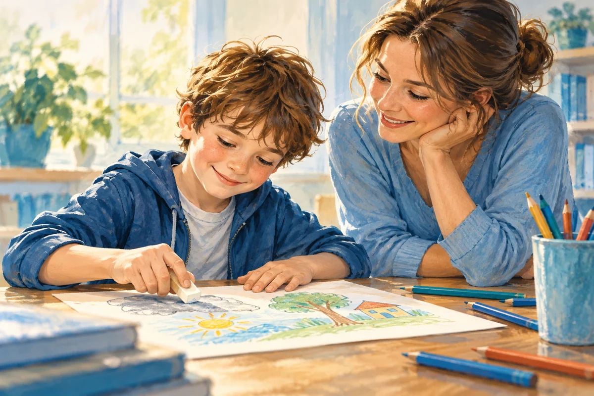 Un bambino rivede un disegno con il sostegno di un adulto.