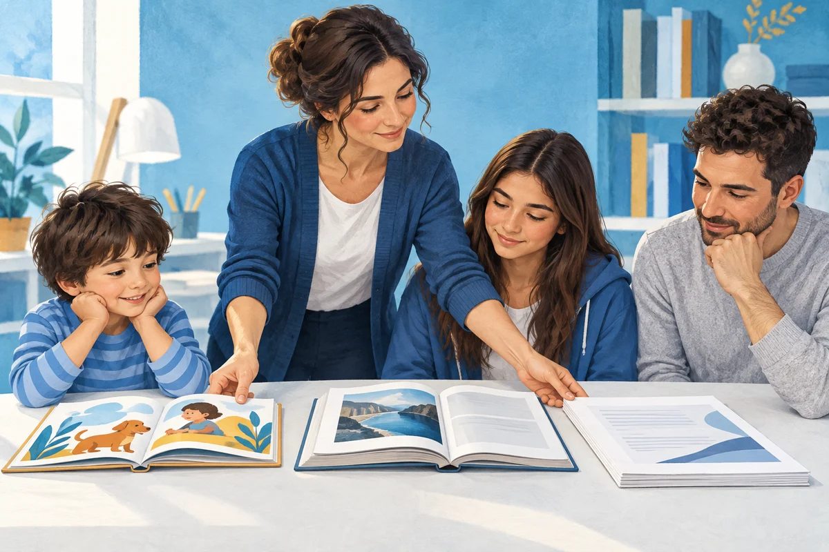 Materiali di lettura diversi per bambini, adolescenti e adulti.