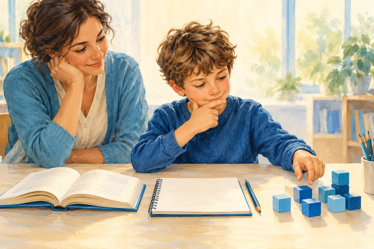 Un allievo lavora con materiali di lettura, scrittura e calcolo.