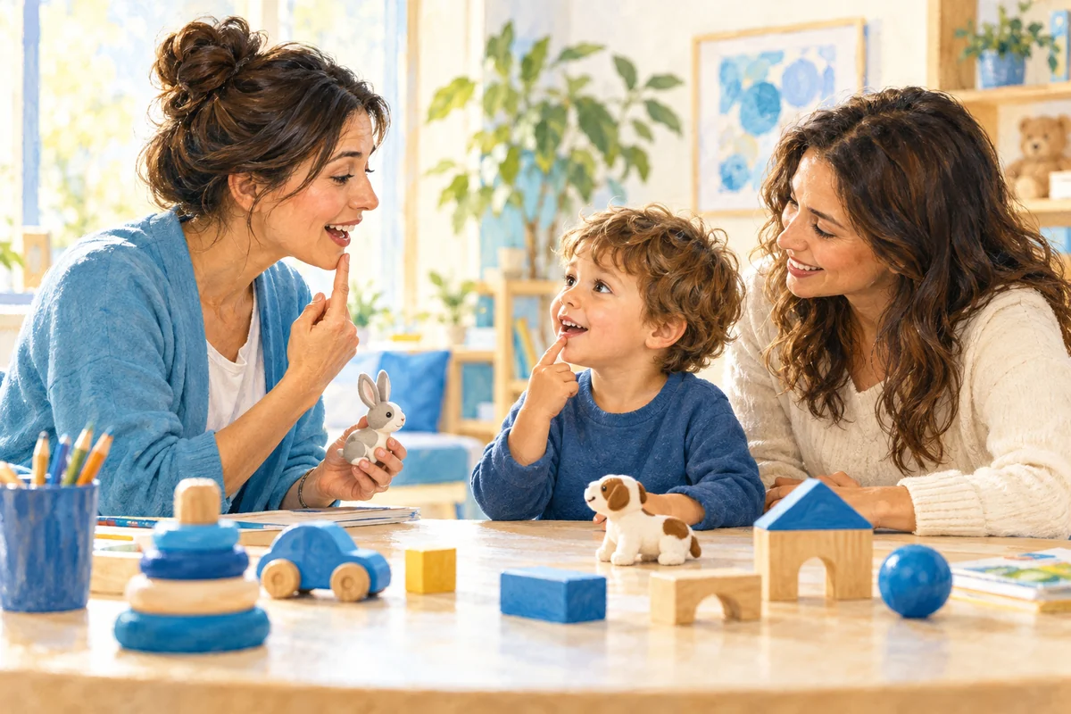 Una logopedista affianca un genitore durante un’attività comunicativa con il bambino.