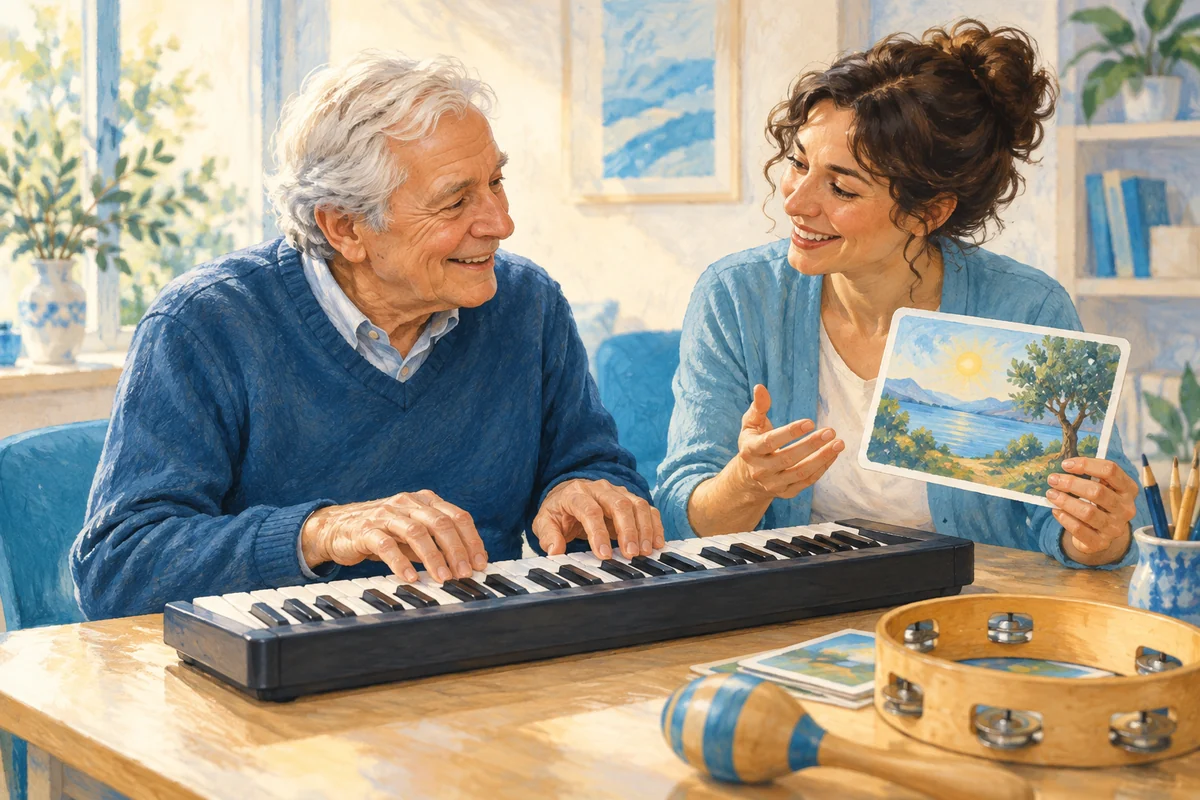 Una persona adulta partecipa a un’attività musicale con una terapista.
