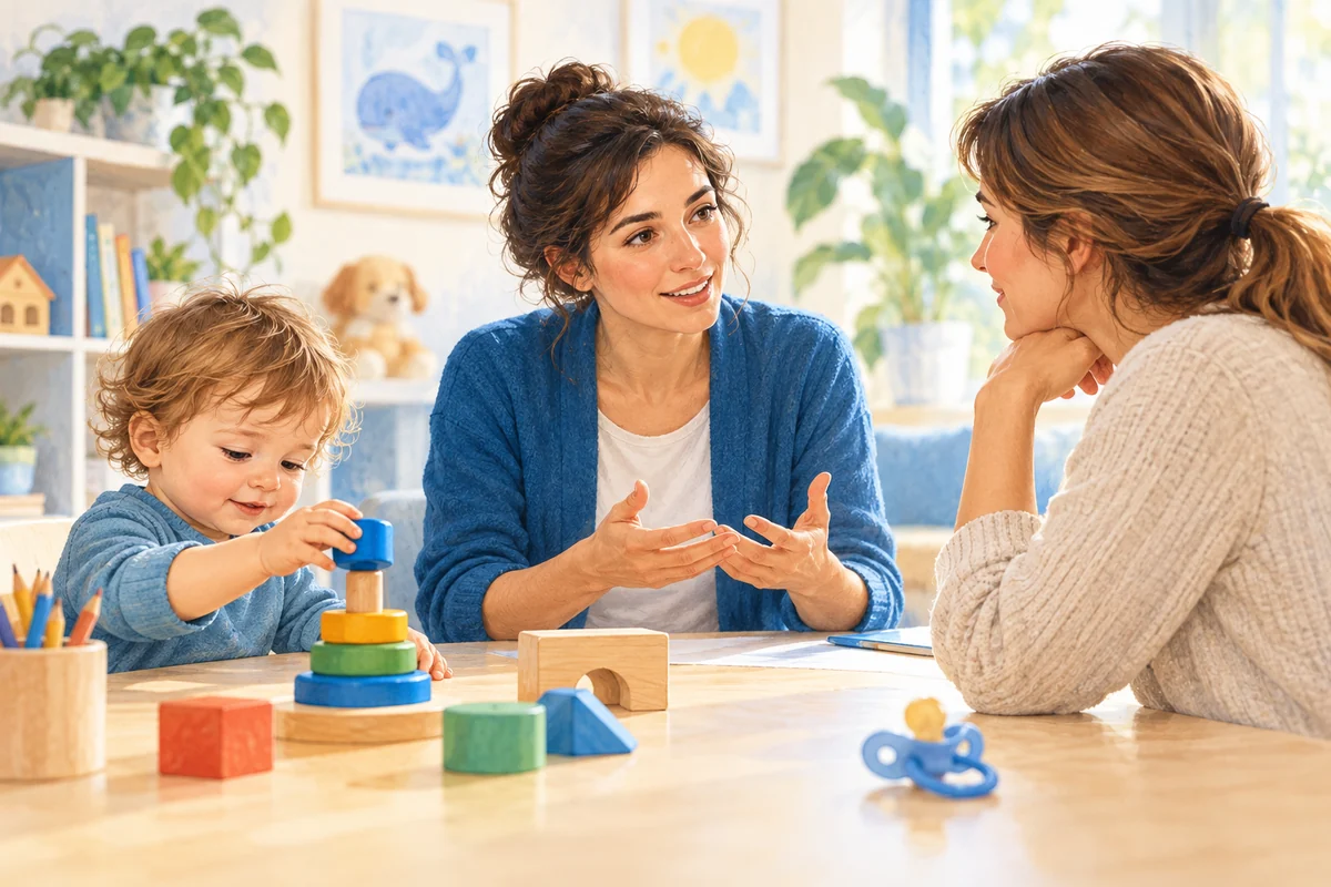 Una professionista e un genitore discutono delle abitudini orali di un bambino.