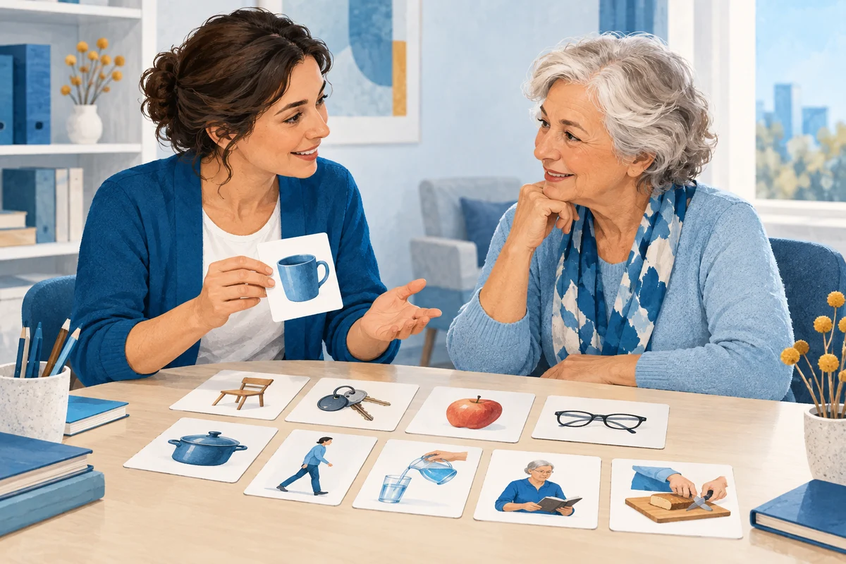 Una professionista osserva l’accesso alle parole attraverso materiali illustrati.