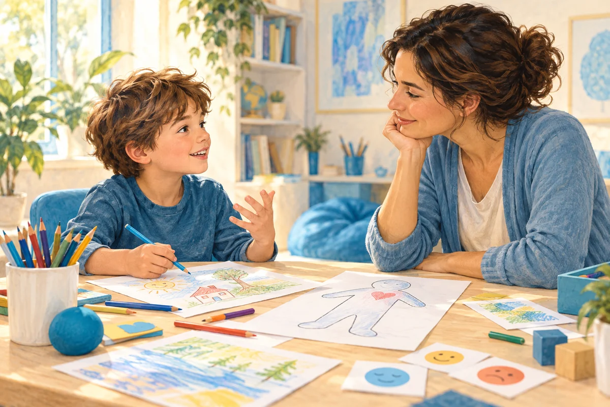 Un bambino e una logopedista esplorano diversi aspetti dell’esperienza comunicativa.