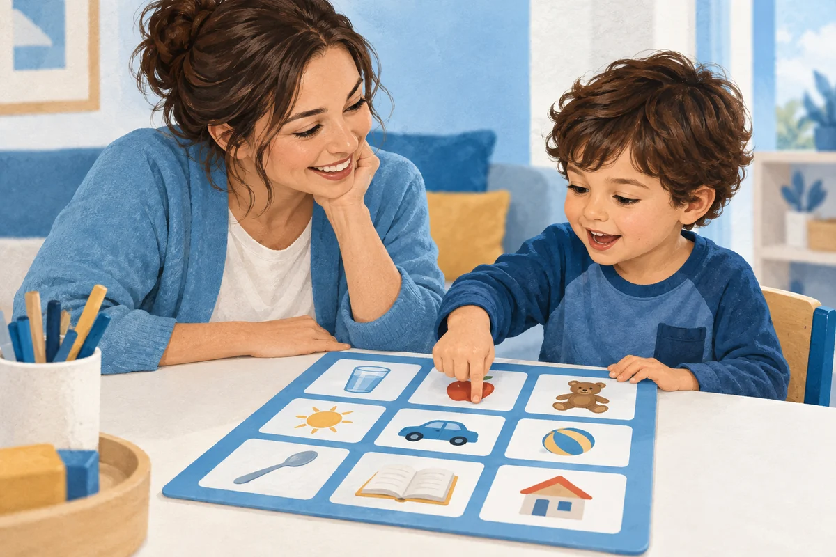 Un bambino indica un simbolo su una tabella di comunicazione condivisa con un adulto.