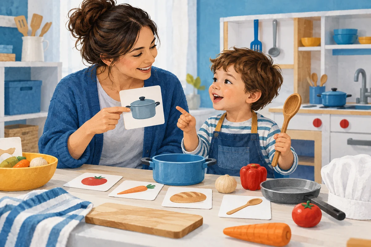 Un bambino e una logopedista collegano parole e azioni durante un’attività di cucina simbolica.