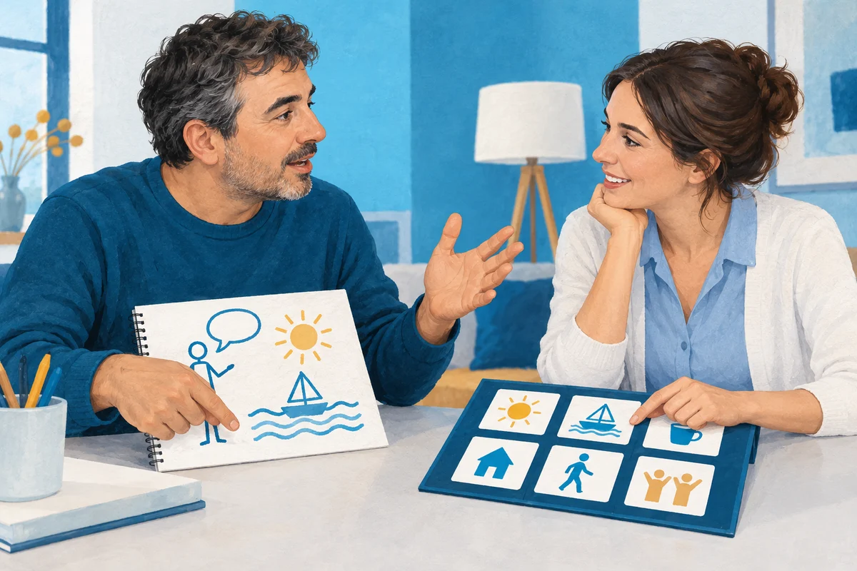 Una persona combina disegno, gesto e immagini per comunicare un’idea.