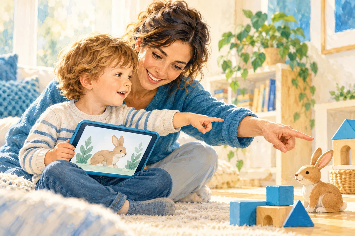Un adulto e un bambino collegano ciò che osservano sul tablet a un gioco reale.