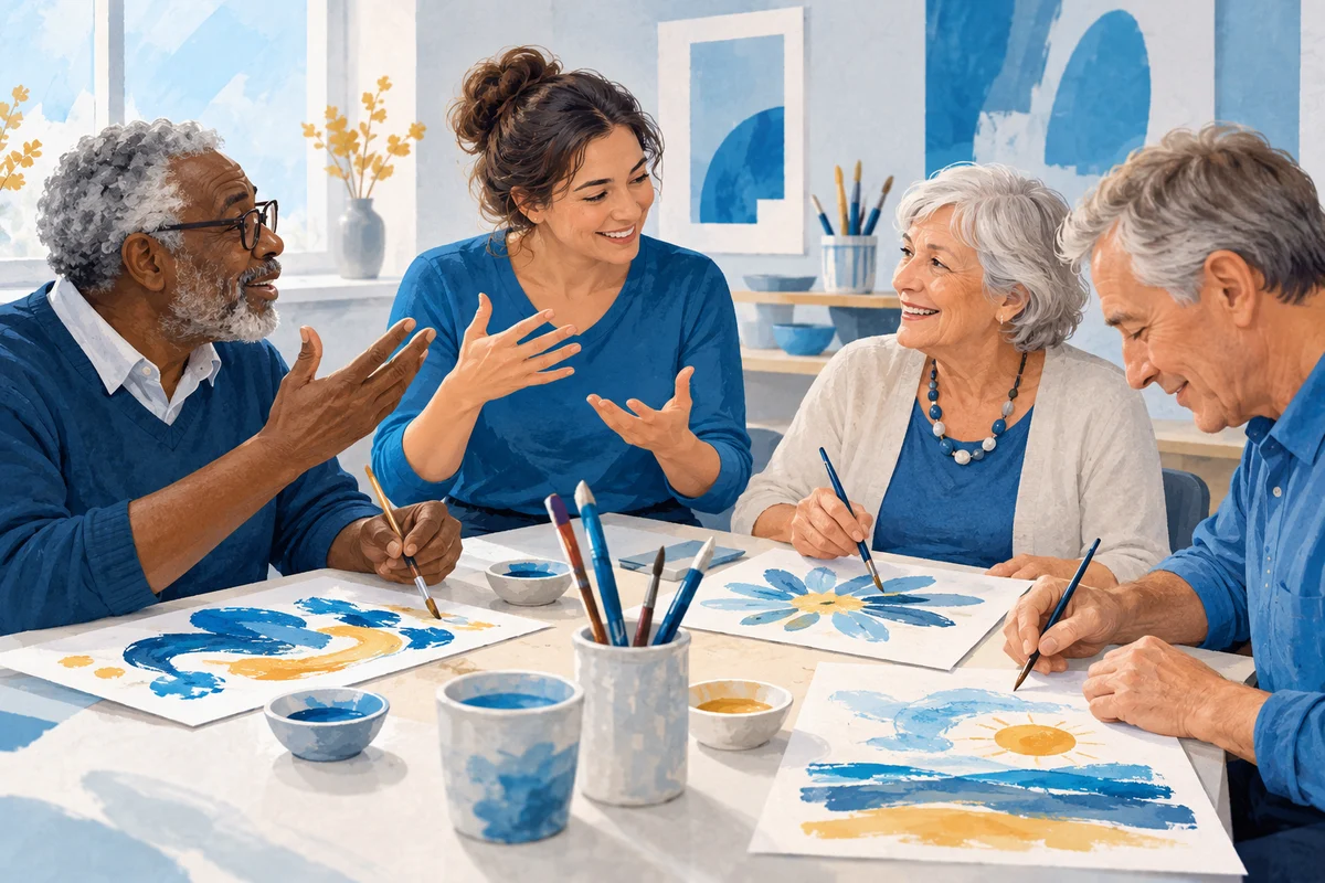 Un gruppo di adulti partecipa a un’attività creativa con il supporto di una facilitatrice.