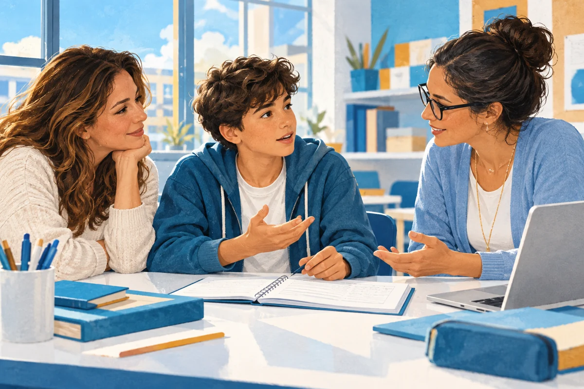 Un ragazzo, un genitore e una docente discutono del percorso di apprendimento.
