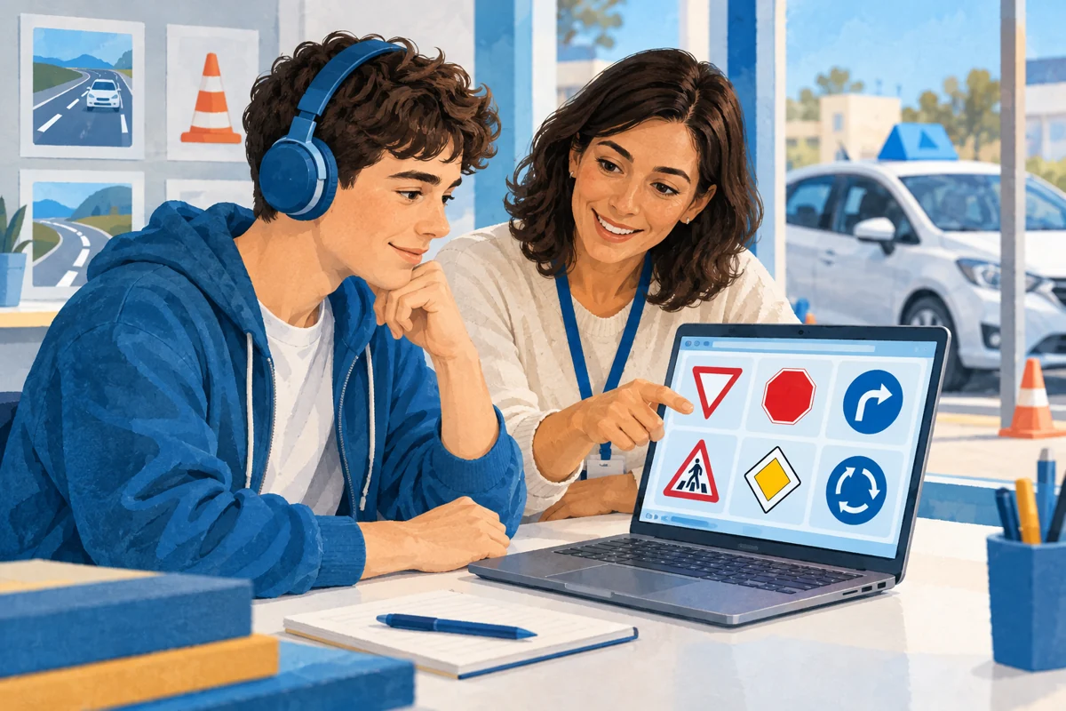 Un giovane prepara l’esame teorico della patente con cuffie e computer.
