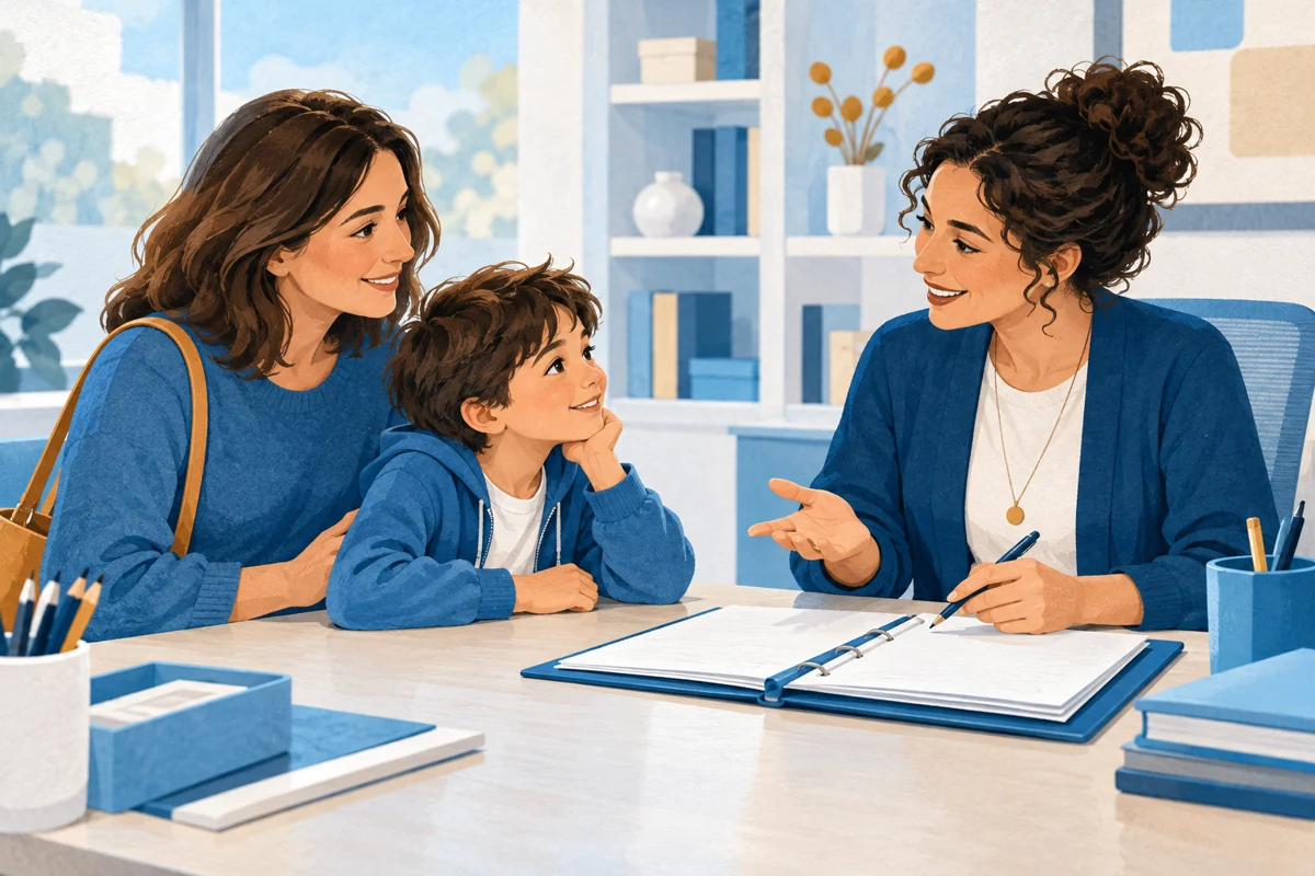Un genitore e un bambino preparano una pratica con una consulente.