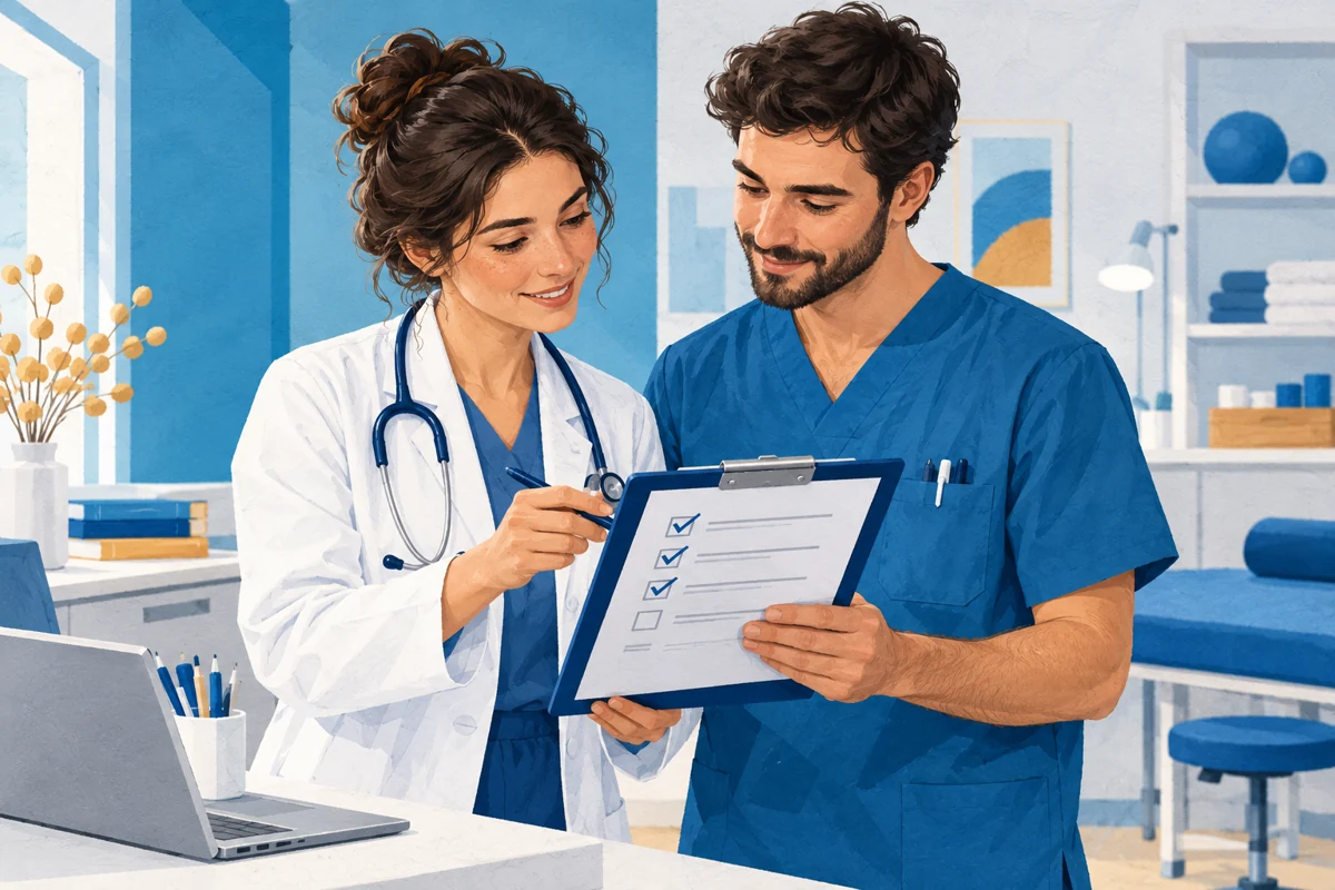 Due professionisti sanitari controllano insieme una procedura di lavoro.