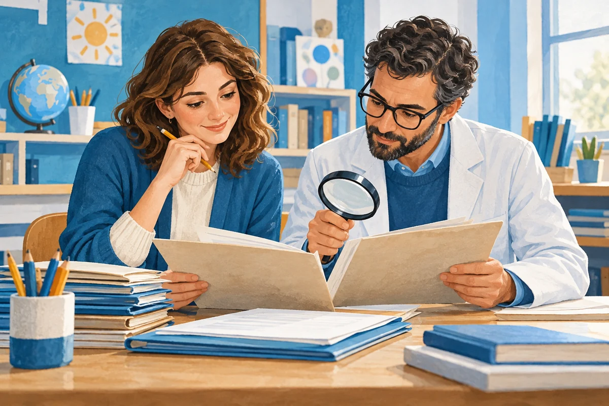 Una docente e una ricercatrice esaminano documenti scolastici anonimi.