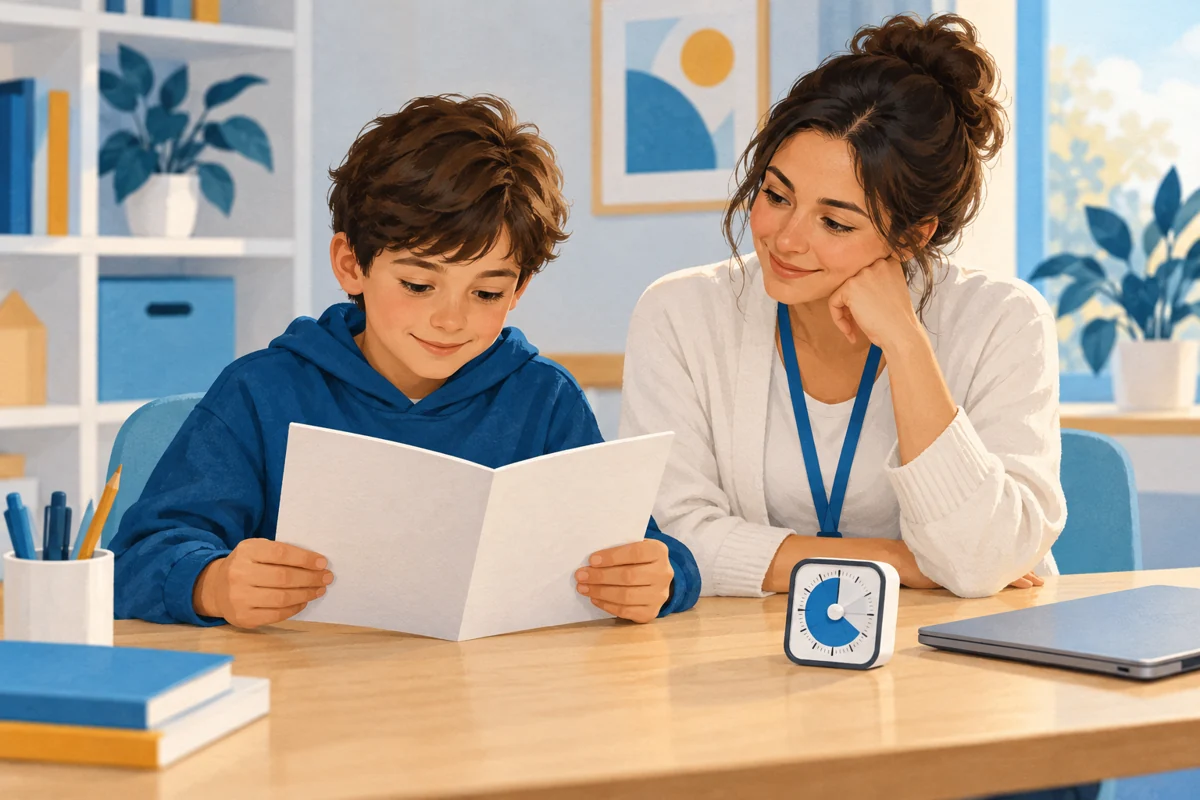 Un bambino svolge una prova di lettura con una professionista.