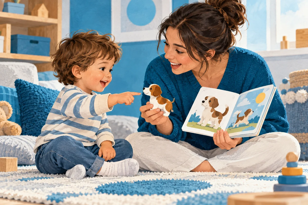 Un bambino piccolo e un adulto condividono parole e attenzione durante il gioco.